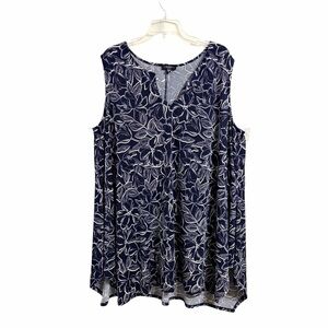 Cocomo Woman Floral Swing Top 3X Blue Stretch Jersey Asymmetric Handkerchief Hem